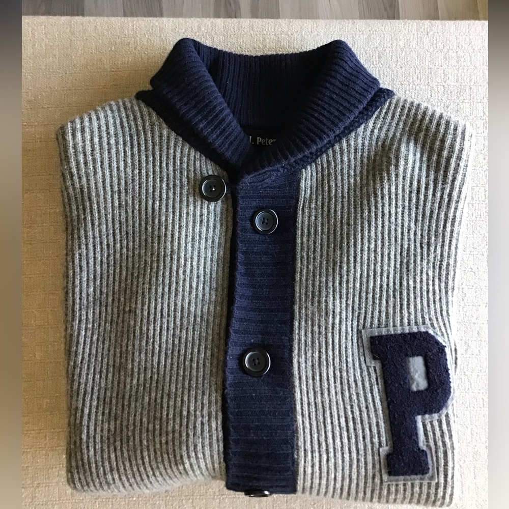 NWOT J Peterman M XL Letterman Shawl Collar Wool Cardigan Sweater in Gray/Navy - Picture 3 of 9